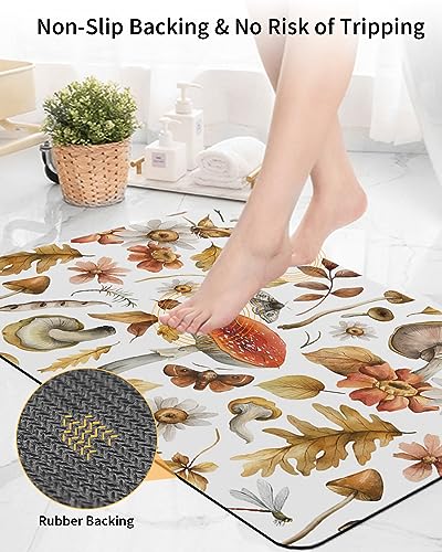 Gogobebe Super Absorbent Diatom Mud Mat Fall Thanksgiving Mushroom Retro Rustic Floral Botanical Leaves Quick-Drying Thin Bath Mat Non-Slip Bathtub Mat Anti-Skid Rubber Bathroom Shower Mat 16x24in