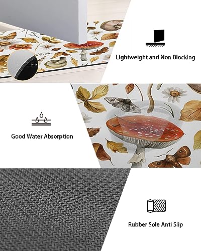 Gogobebe Super Absorbent Diatom Mud Mat Fall Thanksgiving Mushroom Retro Rustic Floral Botanical Leaves Quick-Drying Thin Bath Mat Non-Slip Bathtub Mat Anti-Skid Rubber Bathroom Shower Mat 16x24in