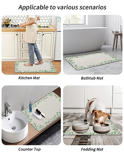 Gogobebe Super Absorbent Diatom Mud Mat Summer Eucalyptus Leaves Watercolor Retro Linen Quick-Drying Thin Bath Mat Non-Slip Bathtub Mat Anti-Skid Rubber Bathroom Shower Mat 16x24in