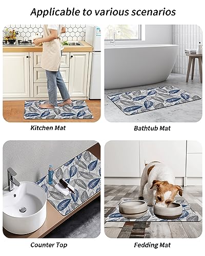 Gogobebe Super Absorbent Diatom Mud Mat Navy Blue Gray Leaves Leaf Texture Quick-Drying Thin Bath Mat Non-Slip Bathtub Mat Anti-Skid Rubber Bathroom Shower Mat 16x24in