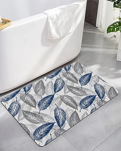 Gogobebe Super Absorbent Diatom Mud Mat Navy Blue Gray Leaves Leaf Texture Quick-Drying Thin Bath Mat Non-Slip Bathtub Mat Anti-Skid Rubber Bathroom Shower Mat 16x24in