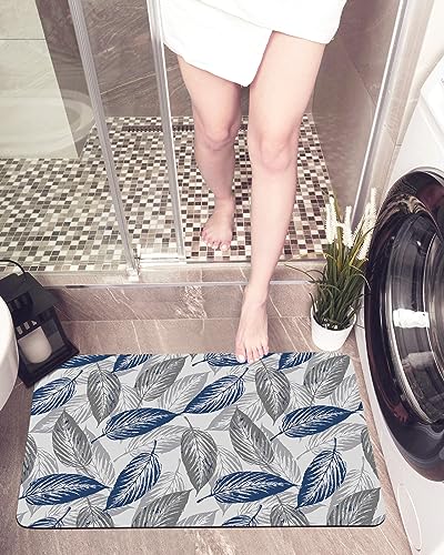 Gogobebe Super Absorbent Diatom Mud Mat Navy Blue Gray Leaves Leaf Texture Quick-Drying Thin Bath Mat Non-Slip Bathtub Mat Anti-Skid Rubber Bathroom Shower Mat 16x24in