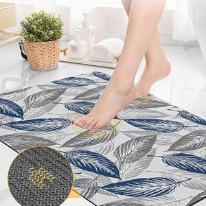 Gogobebe Super Absorbent Diatom Mud Mat Navy Blue Gray Leaves Leaf Texture Quick-Drying Thin Bath Mat Non-Slip Bathtub Mat Anti-Skid Rubber Bathroom Shower Mat 16x24in