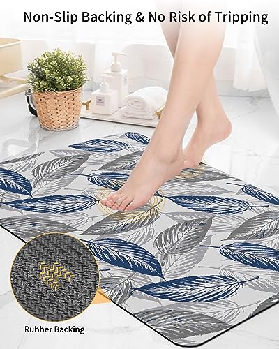 Gogobebe Super Absorbent Diatom Mud Mat Navy Blue Gray Leaves Leaf Texture Quick-Drying Thin Bath Mat Non-Slip Bathtub Mat Anti-Skid Rubber Bathroom Shower Mat 16x24in