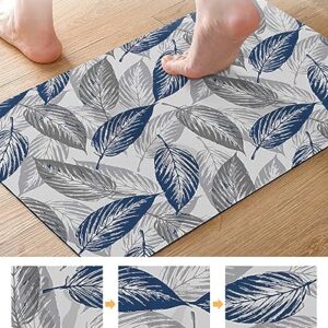 Gogobebe Super Absorbent Diatom Mud Mat Navy Blue Gray Leaves Leaf Texture Quick-Drying Thin Bath Mat Non-Slip Bathtub Mat Anti-Skid Rubber Bathroom Shower Mat 16x24in