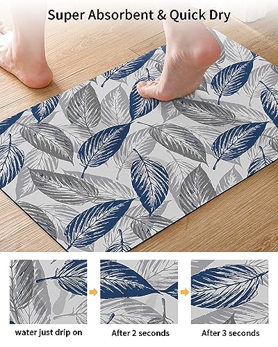 Gogobebe Super Absorbent Diatom Mud Mat Navy Blue Gray Leaves Leaf Texture Quick-Drying Thin Bath Mat Non-Slip Bathtub Mat Anti-Skid Rubber Bathroom Shower Mat 16x24in