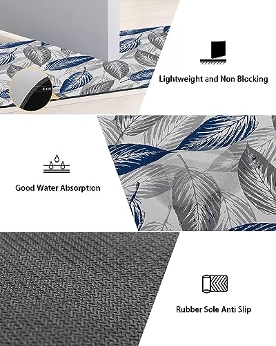 Gogobebe Super Absorbent Diatom Mud Mat Navy Blue Gray Leaves Leaf Texture Quick-Drying Thin Bath Mat Non-Slip Bathtub Mat Anti-Skid Rubber Bathroom Shower Mat 16x24in