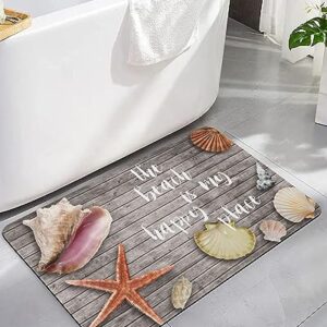 Gogobebe Super Absorbent Diatom Mud Mat Starfish Shell Conch on Vintage Wooden Planks Quick-Drying Thin Bath Mat Non-Slip Bathtub Mat Anti-Skid Rubber Bathroom Shower Mat 16x24in