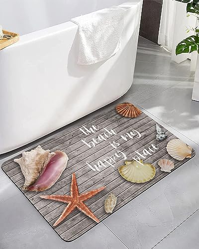 Gogobebe Super Absorbent Diatom Mud Mat Starfish Shell Conch on Vintage Wooden Planks Quick-Drying Thin Bath Mat Non-Slip Bathtub Mat Anti-Skid Rubber Bathroom Shower Mat 16x24in