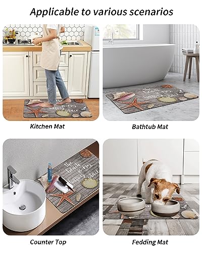 Gogobebe Super Absorbent Diatom Mud Mat Starfish Shell Conch on Vintage Wooden Planks Quick-Drying Thin Bath Mat Non-Slip Bathtub Mat Anti-Skid Rubber Bathroom Shower Mat 16x24in