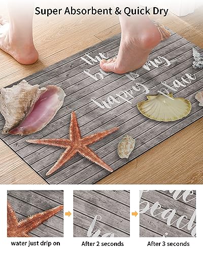 Gogobebe Super Absorbent Diatom Mud Mat Starfish Shell Conch on Vintage Wooden Planks Quick-Drying Thin Bath Mat Non-Slip Bathtub Mat Anti-Skid Rubber Bathroom Shower Mat 16x24in