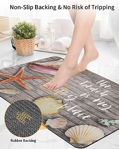 Gogobebe Super Absorbent Diatom Mud Mat Starfish Shell Conch on Vintage Wooden Planks Quick-Drying Thin Bath Mat Non-Slip Bathtub Mat Anti-Skid Rubber Bathroom Shower Mat 16x24in