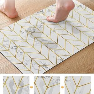 Gogobebe Super Absorbent Diatom Mud Mat Abstract Yellow Geometric Chevron Marble Texture Quick-Drying Thin Bath Mat Non-Slip Bathtub Mat Anti-Skid Rubber Bathroom Shower Mat 16x24in