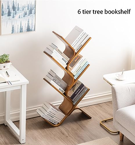 VERAMY 6 Tier Floor Standing Bookcase Storage Rack Tree Bookshelf Bamboo Book Shelf Large Capacity Bookshelf Utility Organizer Shelves Corner Bookshelf for Small Space (Color : Natural)