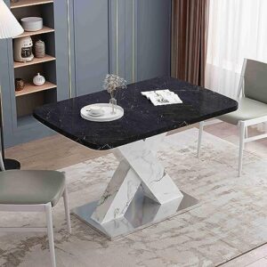 modern marble top dining table, extendable dining table for 4-6, expandable dining table with crossed pedestal base, large dining table for dining room kitchen (black top+white leg)