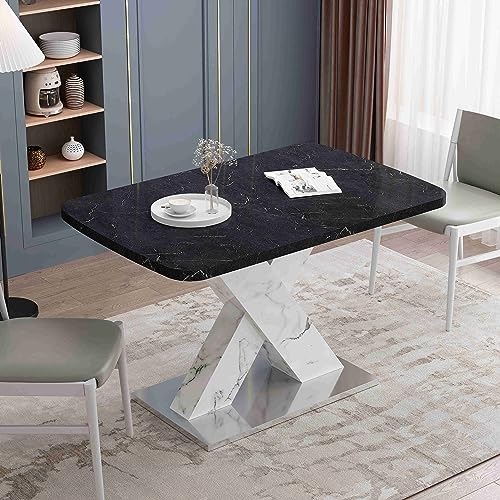 Modern Marble Top Dining Table, Extendable Dining Table for 4-6, Expandable Dining Table with Crossed Pedestal Base, Large Dining Table for Dining Room Kitchen (Black Top+White Leg)