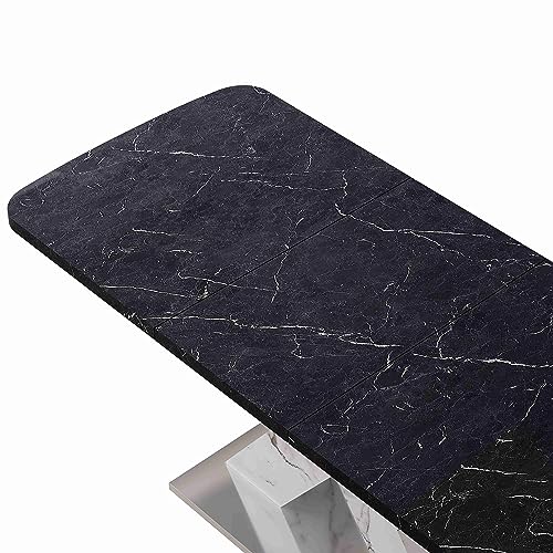 Modern Marble Top Dining Table, Extendable Dining Table for 4-6, Expandable Dining Table with Crossed Pedestal Base, Large Dining Table for Dining Room Kitchen (Black Top+White Leg)