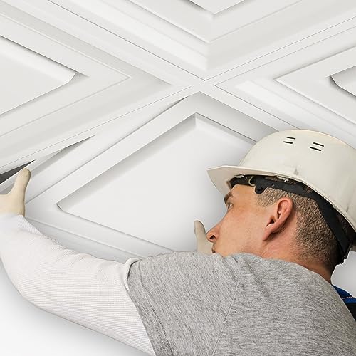 2ft x 2ft Icon Relief Ceiling Tiles - Easy Drop-in Installation – Waterproof, Washable and Fire-Rated - High-Grade PVC to Prevent Breakage Pack of 12, White (2 * 2, Style A)