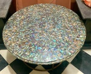 42 x 42 inches round marble dining table top overlaid with multicolor gemstone sofa center table for restaurant and hotel decor