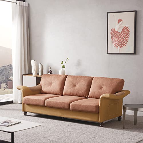 FIQHOME Futon Sleeper Bed,3-Seater Sofa,Mid-Century Modern Linen Fabric Faux Leather Sectional Couch for Living Room with 6 Wood Legs and 2 Removable Storage Boxes (Red Brown)