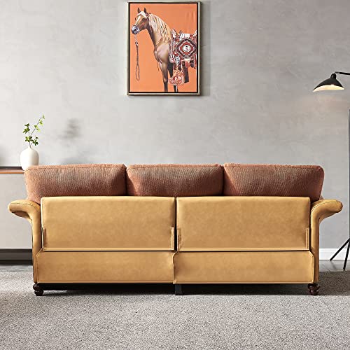 FIQHOME Futon Sleeper Bed,3-Seater Sofa,Mid-Century Modern Linen Fabric Faux Leather Sectional Couch for Living Room with 6 Wood Legs and 2 Removable Storage Boxes (Red Brown)