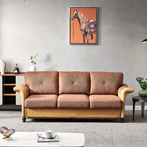 FIQHOME Futon Sleeper Bed,3-Seater Sofa,Mid-Century Modern Linen Fabric Faux Leather Sectional Couch for Living Room with 6 Wood Legs and 2 Removable Storage Boxes (Red Brown)