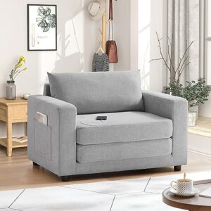 convertible sleeper sofa chair bed, comfy floor folding sofa bed, armchair pull out sleeper couch bed with pocket and 2 usb ports for living room, bedroom, small places (light gray)