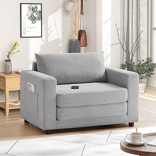 Convertible Sleeper Sofa Chair Bed, Comfy Floor Folding Sofa Bed, Armchair Pull Out Sleeper Couch Bed with Pocket and 2 USB Ports for Living Room, Bedroom, Small Places (Light Gray)