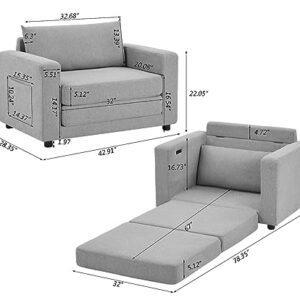 Convertible Sleeper Sofa Chair Bed, Comfy Floor Folding Sofa Bed, Armchair Pull Out Sleeper Couch Bed with Pocket and 2 USB Ports for Living Room, Bedroom, Small Places (Light Gray)