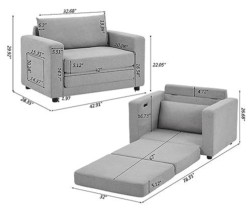 Convertible Sleeper Sofa Chair Bed, Comfy Floor Folding Sofa Bed, Armchair Pull Out Sleeper Couch Bed with Pocket and 2 USB Ports for Living Room, Bedroom, Small Places (Light Gray)