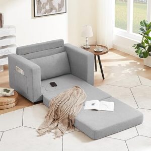 Convertible Sleeper Sofa Chair Bed, Comfy Floor Folding Sofa Bed, Armchair Pull Out Sleeper Couch Bed with Pocket and 2 USB Ports for Living Room, Bedroom, Small Places (Light Gray)