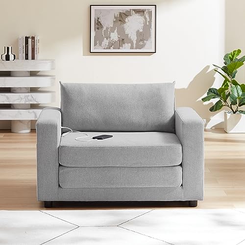 Convertible Sleeper Sofa Chair Bed, Comfy Floor Folding Sofa Bed, Armchair Pull Out Sleeper Couch Bed with Pocket and 2 USB Ports for Living Room, Bedroom, Small Places (Light Gray)