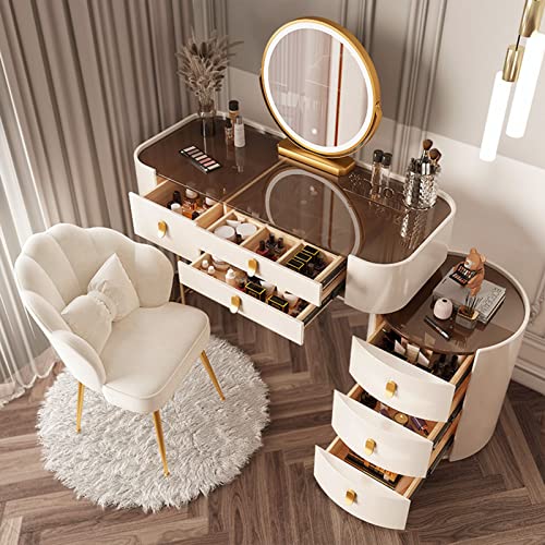 Makeup Vanity Desk with Lighted Mirror and Glass Top, Stylish Large Vanity Table Set with Drawers, Side Cabinet & Chair, 3 Lighting Colors, Perfect for Your Glamorous Beauty Routine