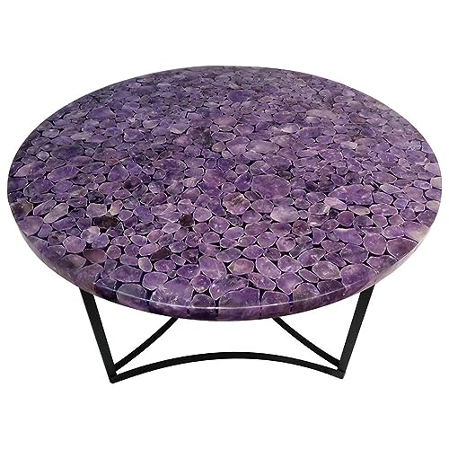 60 x 60 Inches Round Shape Marble Dining Table Top Amethyst Gemstone Epoxy Art Hallway Table from Indian Cottage Crafta and Art