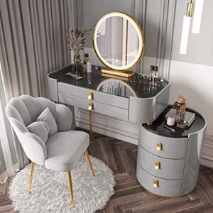 makeup vanity desk with lighted mirror, glass top & drawers, large vanity table set for her, 3 lighting colors, side cabinet & chair included