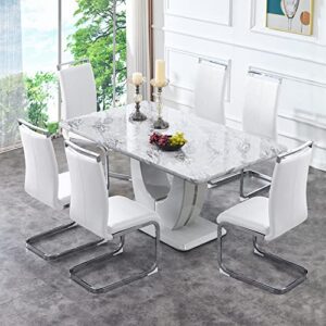 hohoedc 63" morden faux marble dining room table set,big kitchen dining table for 6-8 with mdf base,7 piece rectangle dining table set &6 pu leather upholstered chairs ideal