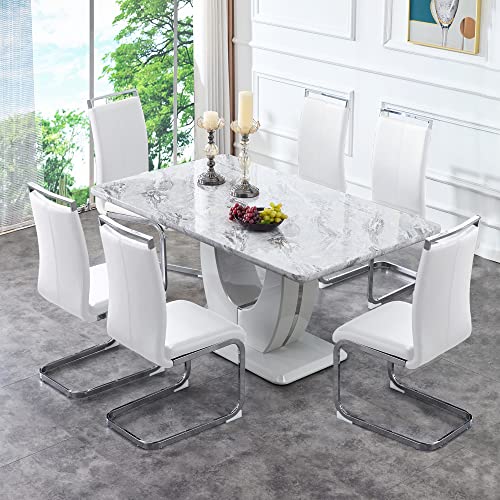 hohoedc 63" Morden Faux Marble Dining Room Table Set,Big Kitchen Dining Table for 6-8 with MDF Base,7 Piece Rectangle Dining Table Set &6 Pu Leather Upholstered Chairs Ideal