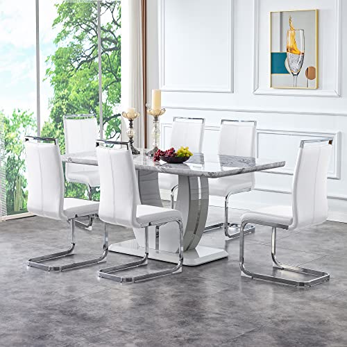 hohoedc 63" Morden Faux Marble Dining Room Table Set,Big Kitchen Dining Table for 6-8 with MDF Base,7 Piece Rectangle Dining Table Set &6 Pu Leather Upholstered Chairs Ideal