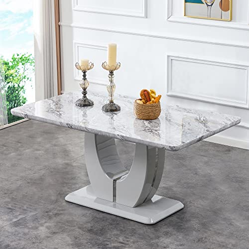 hohoedc 63" Morden Faux Marble Dining Room Table Set,Big Kitchen Dining Table for 6-8 with MDF Base,7 Piece Rectangle Dining Table Set &6 Pu Leather Upholstered Chairs Ideal