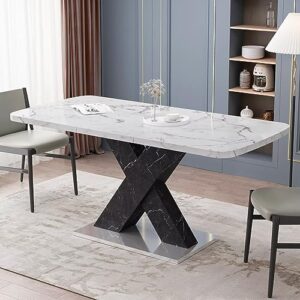 47.24''l-62.99''l expandable stretchable kitchen table, modern mid century extendable dining room table, mdf white marble veining top and black legs dinner table