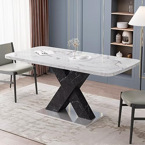 47.24''L-62.99''L Expandable Stretchable Kitchen Table, Modern Mid Century Extendable Dining Room Table, MDF White Marble Veining Top and Black Legs Dinner Table