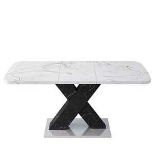 47.24''L-62.99''L Expandable Stretchable Kitchen Table, Modern Mid Century Extendable Dining Room Table, MDF White Marble Veining Top and Black Legs Dinner Table