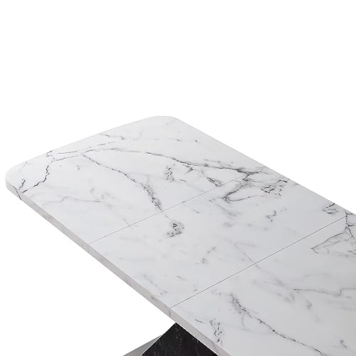 47.24''L-62.99''L Expandable Stretchable Kitchen Table, Modern Mid Century Extendable Dining Room Table, MDF White Marble Veining Top and Black Legs Dinner Table