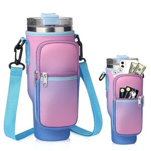 gooju water bottle carrier bag, compatible with stanley 40oz tumbler cup, featuring a crossbody holder strap with carabiners suitable for school water bottles outdoor activities indoor yoga hiking.
