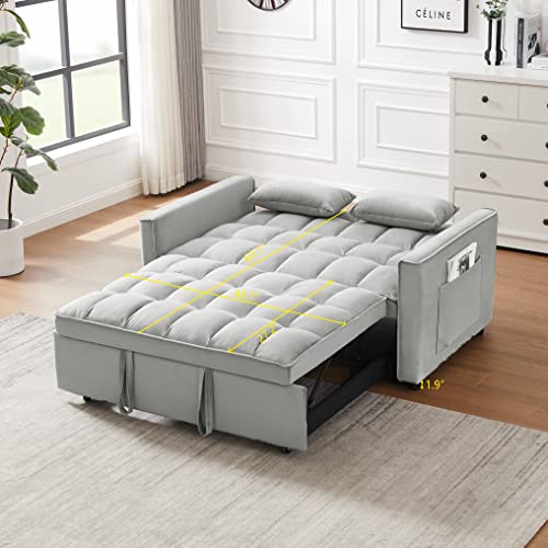 BIADNBZ Futon 3 in 1 Convertible Sleeper Sofa Velvet Fabric w/Pullout Bed, Small Loveseat w/Reclining Backrest, Toss Pillows, Pockets, Couches for Living Room/Apart, Gray