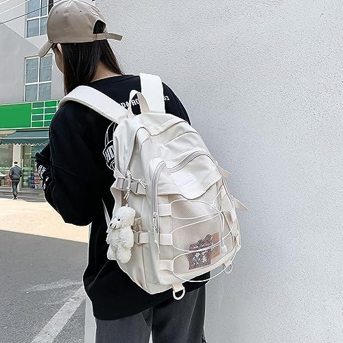 JIESIHAO Aesthetic Laptop Backpack Lightweight High-Capacity Nylon Travel Daypack for Women Cute Kawaii College Backpack with Bear Pendant (A01-Beige-bear Pendant)