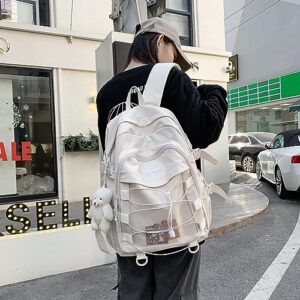 JIESIHAO Aesthetic Laptop Backpack Lightweight High-Capacity Nylon Travel Daypack for Women Cute Kawaii College Backpack with Bear Pendant (A01-Beige-bear Pendant)