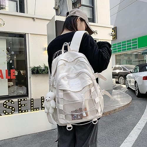 JIESIHAO Aesthetic Laptop Backpack Lightweight High-Capacity Nylon Travel Daypack for Women Cute Kawaii College Backpack with Bear Pendant (A01-Beige-bear Pendant)