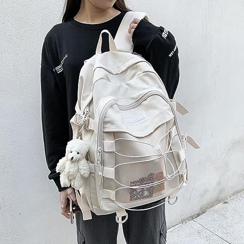 JIESIHAO Aesthetic Laptop Backpack Lightweight High-Capacity Nylon Travel Daypack for Women Cute Kawaii College Backpack with Bear Pendant (A01-Beige-bear Pendant)