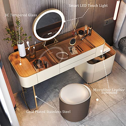 Vanity Desk Mirror Lights: Light Gray 39 in Luxury Vanity Makeup Dresser with Drawers 3-Color Lights Mirror and Stool for Bedroom - Vanity Table Set for Displaying Makeup and Beauty Accessories